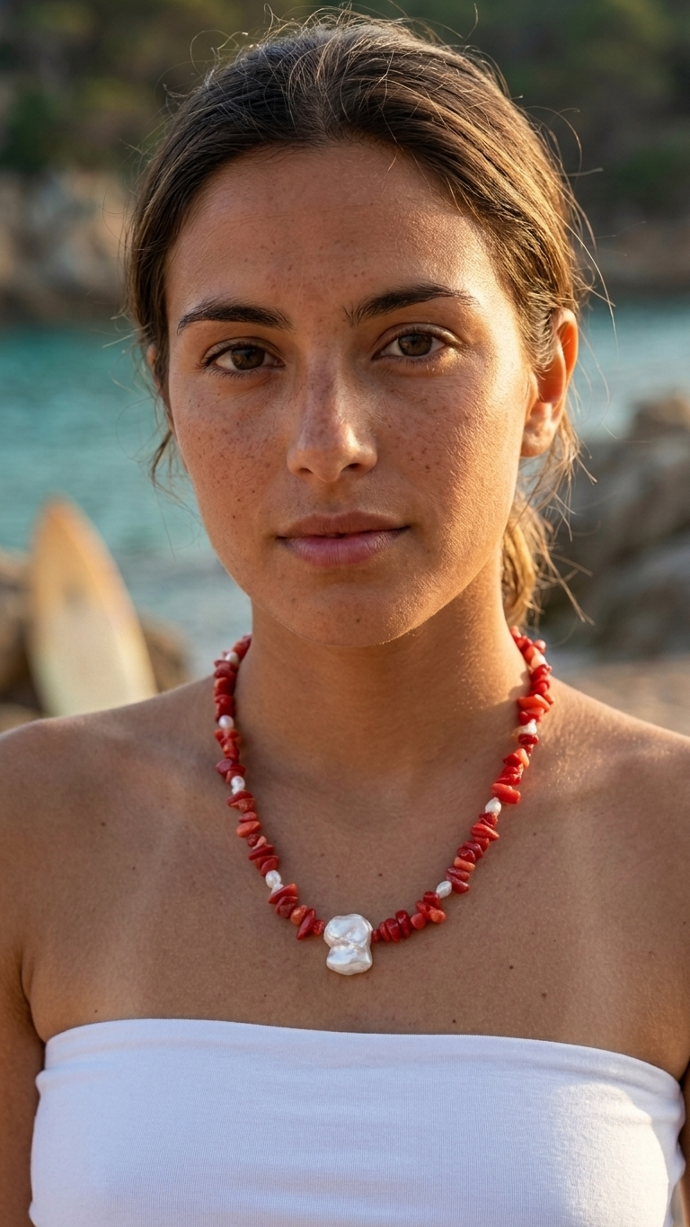 Collar CARMESÍ - Coral Natural y Perlas naturales