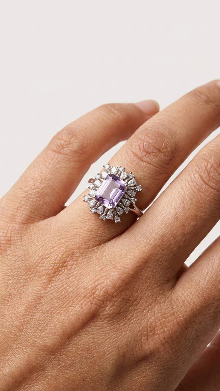 Anillo ÉCLAT — Amatista Natural Talla Esmeralda & Circonitas en Plata 925