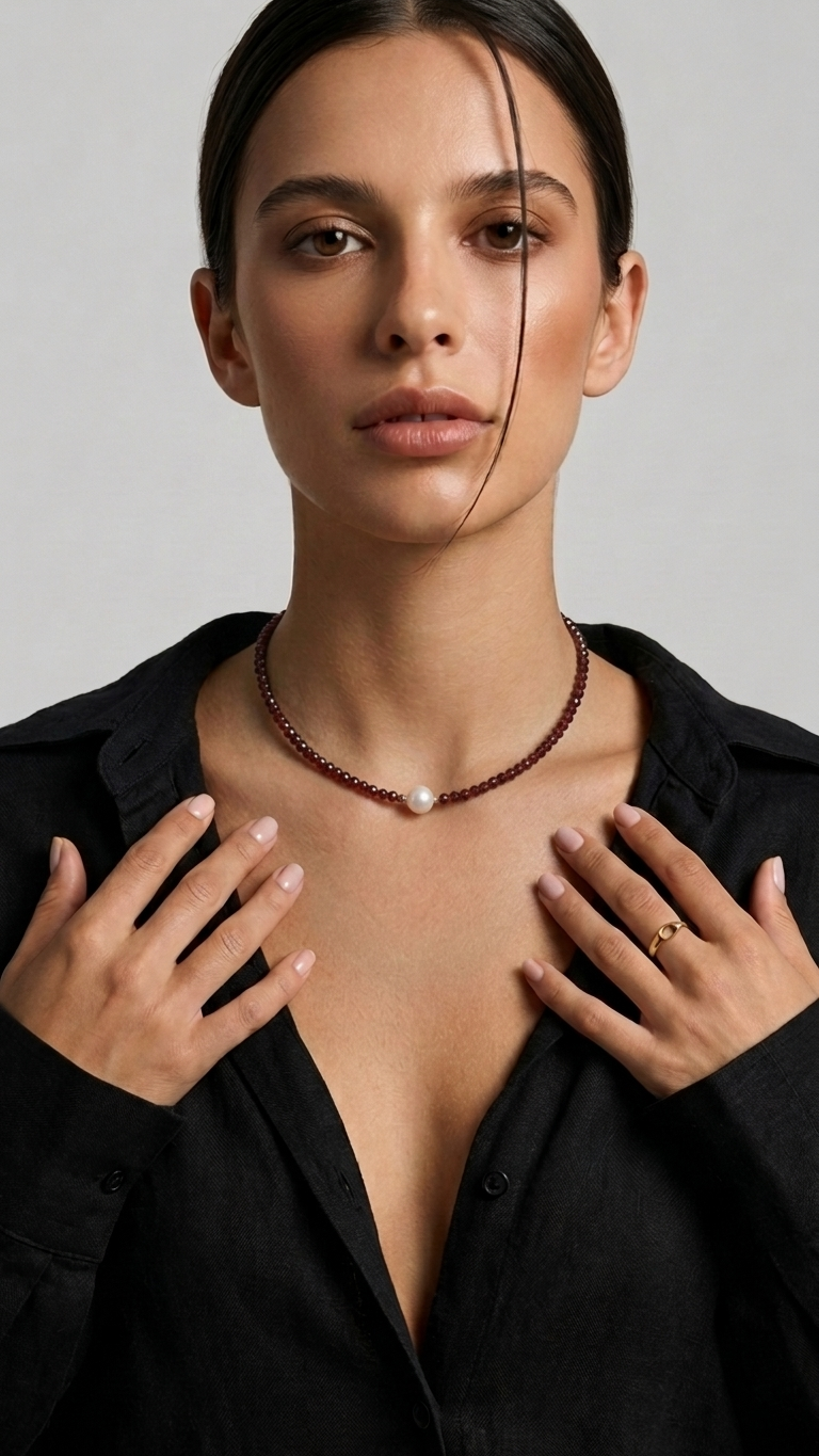 Collar RUBRA de Granate y Perla Rosada