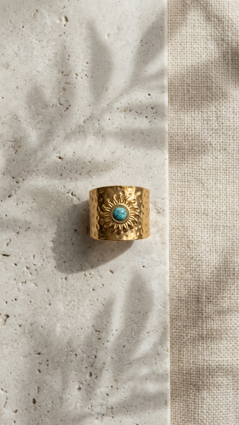 Anillo SURYA Ajustable en Acero Dorado e Imitación Turquesa