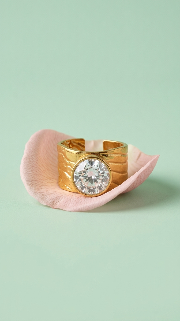 Anillo ZOI Ajustable de Acero Dorado y Circonita