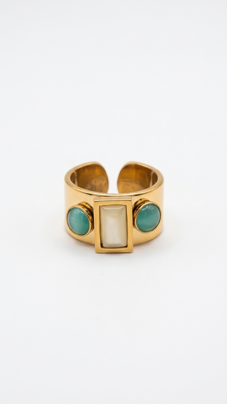 Anillo TRIAD en Acero Baño Oro PVD y Piedras Cat Eye