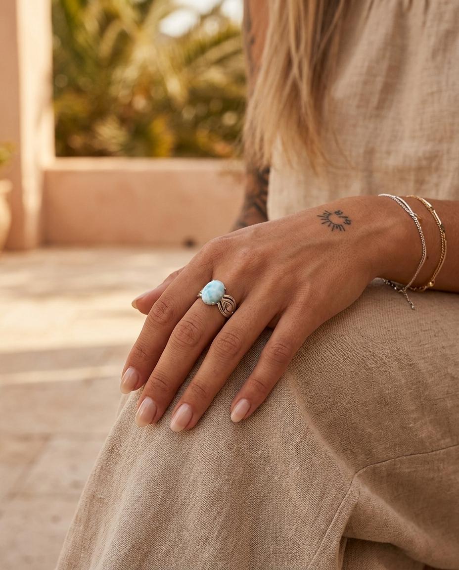 Anillo BRISA MARINA de Plata de Ley y Larimar