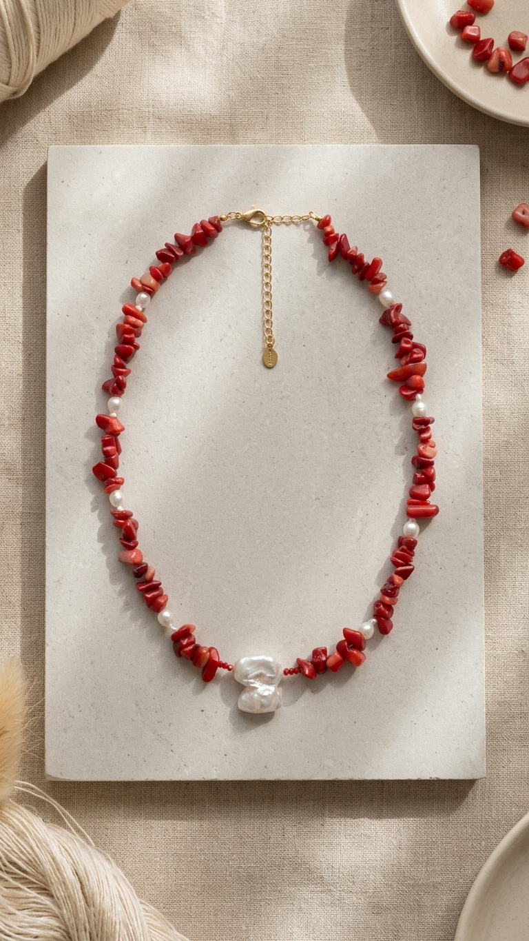Collar CARMESÍ -  Coral Natural y Perlas naturales