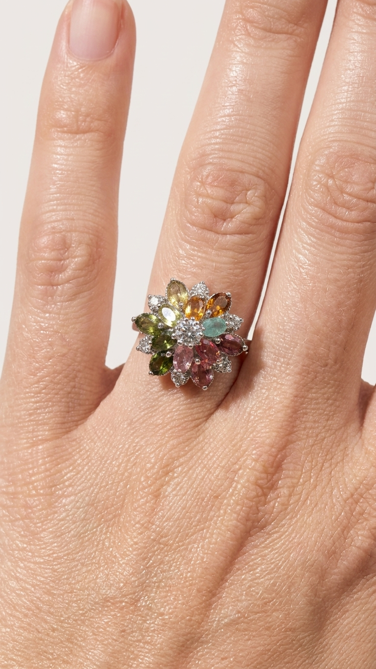 Anillo FLORA -Turmalina Natural Multicolor en Plata 925