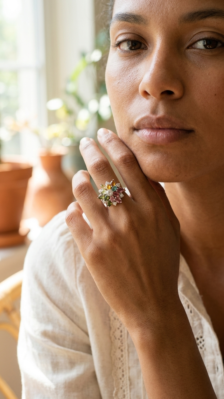 Anillo FLORA -Turmalina Natural Multicolor en Plata 925