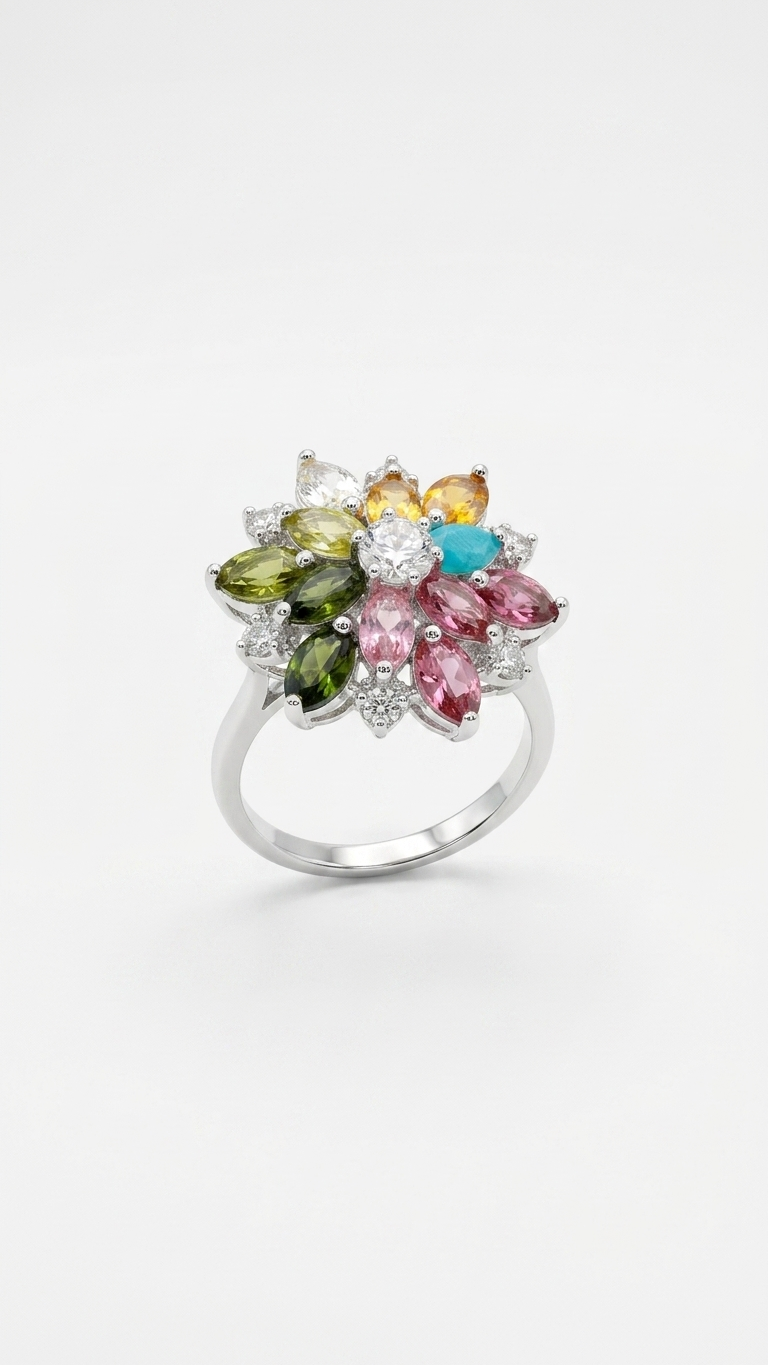 Anillo FLORA -Turmalina Natural Multicolor en Plata 925