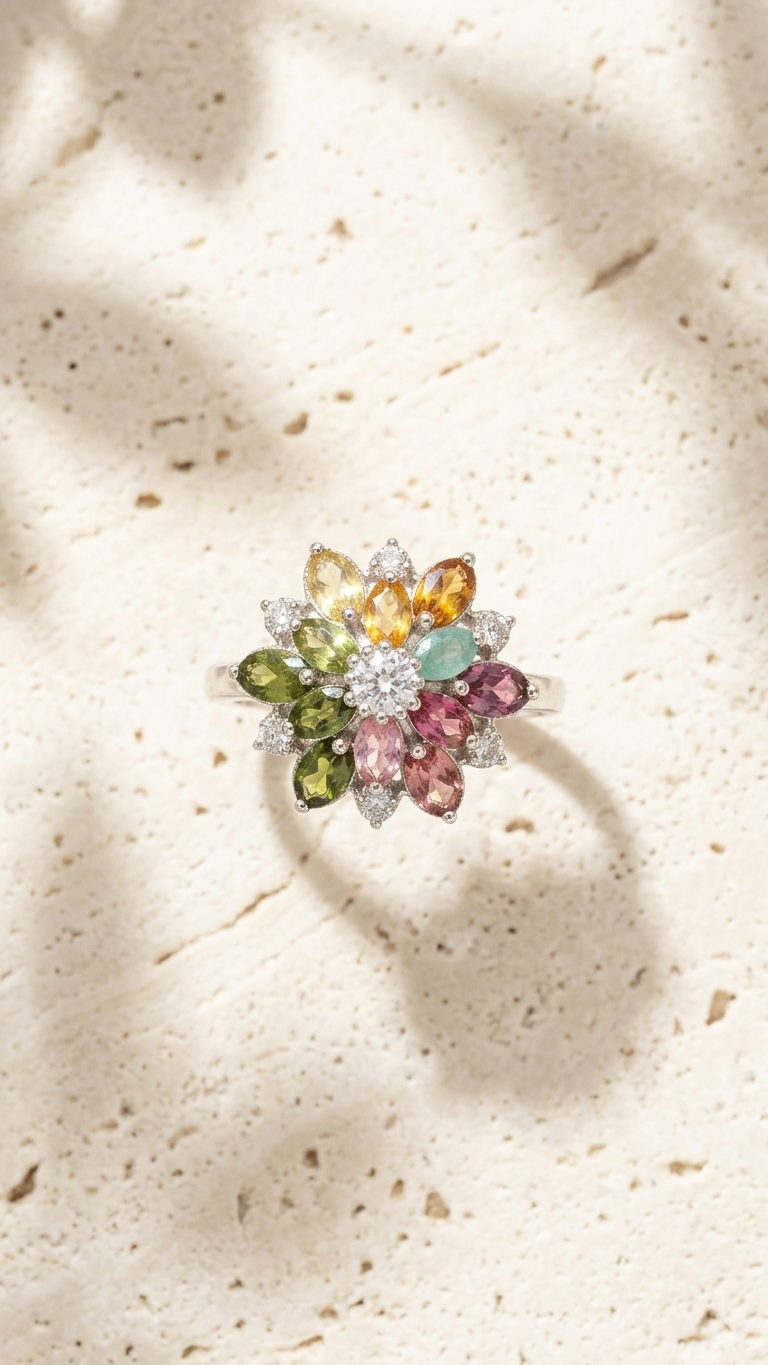 Anillo FLORA -Turmalina Natural Multicolor en Plata 925