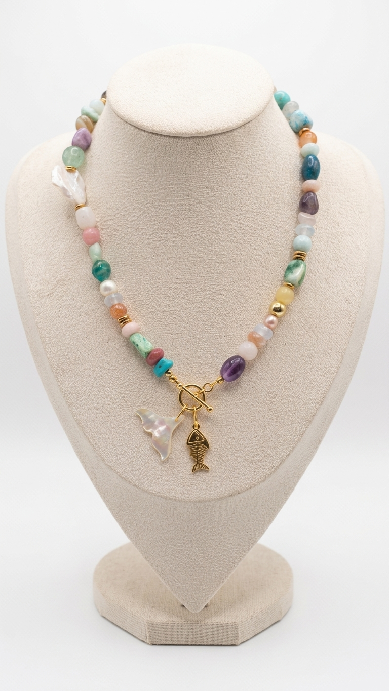 Collar SIRENA - Mix de Minerales, Perla de Río y Nácar