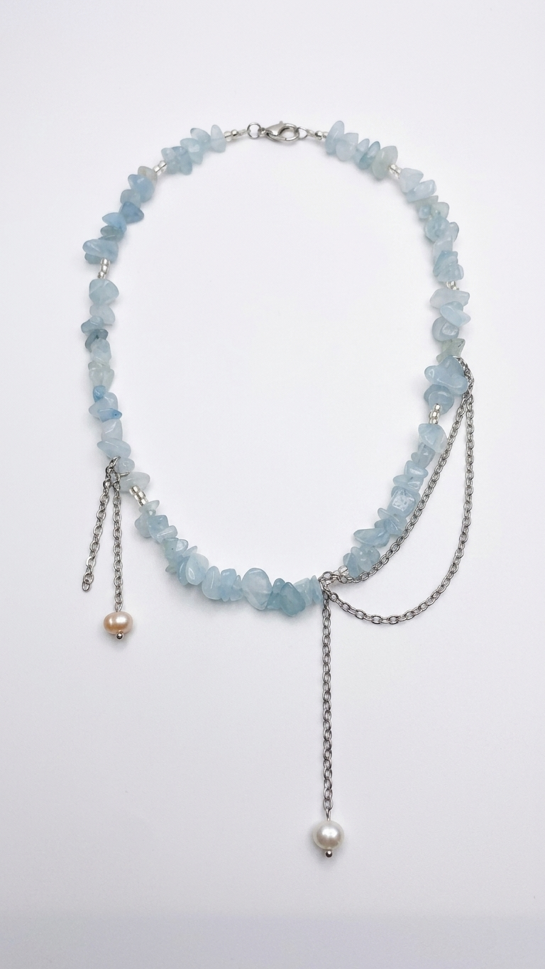 Collar MARÉ — Aguamarina, Perla de Río y Acero