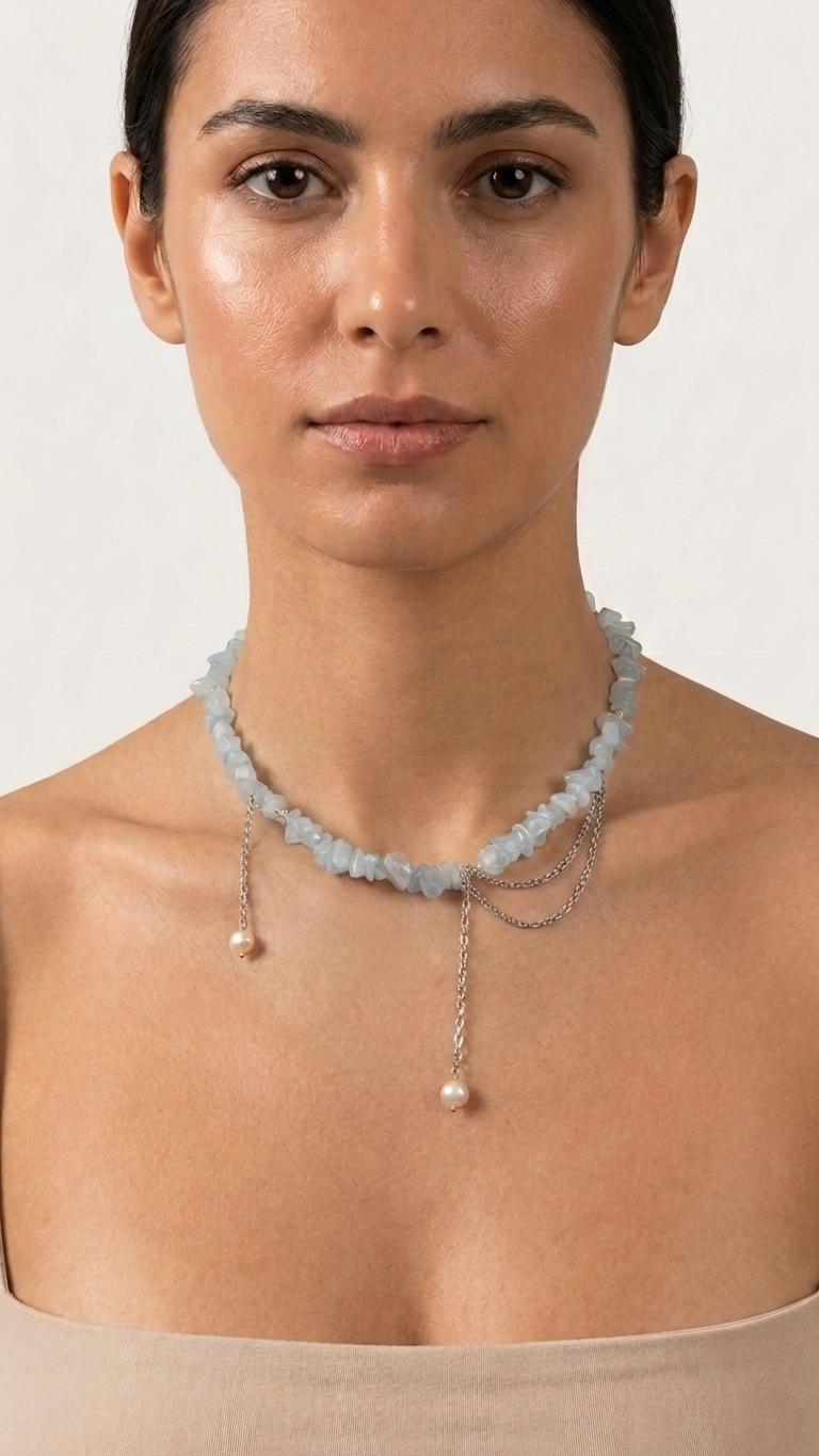 Collar MARÉ — Aguamarina, Perla de Río y Acero