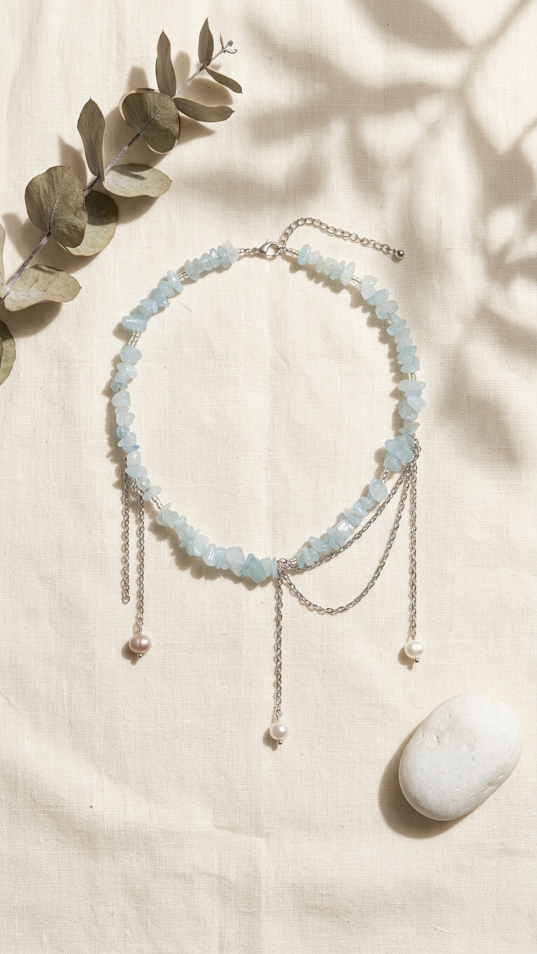 Collar MARÉ — Aguamarina, Perla de Río y Acero
