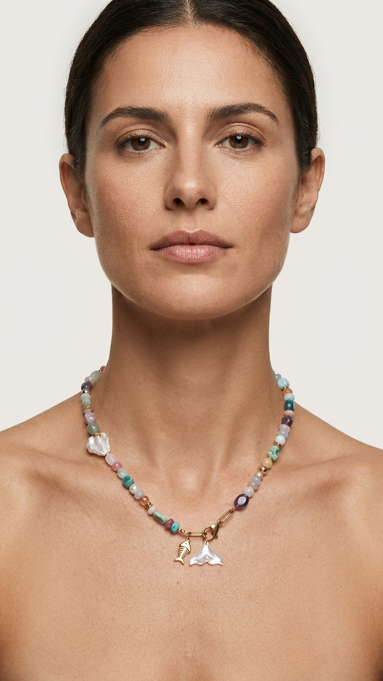 Collar SIRENA - Mix de Minerales, Perla de Río y Nácar