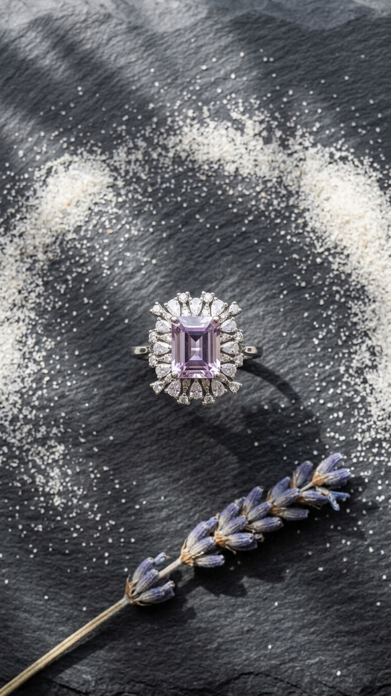 Anillo ÉCLAT — Amatista Natural Talla Esmeralda & Circonitas en Plata 925