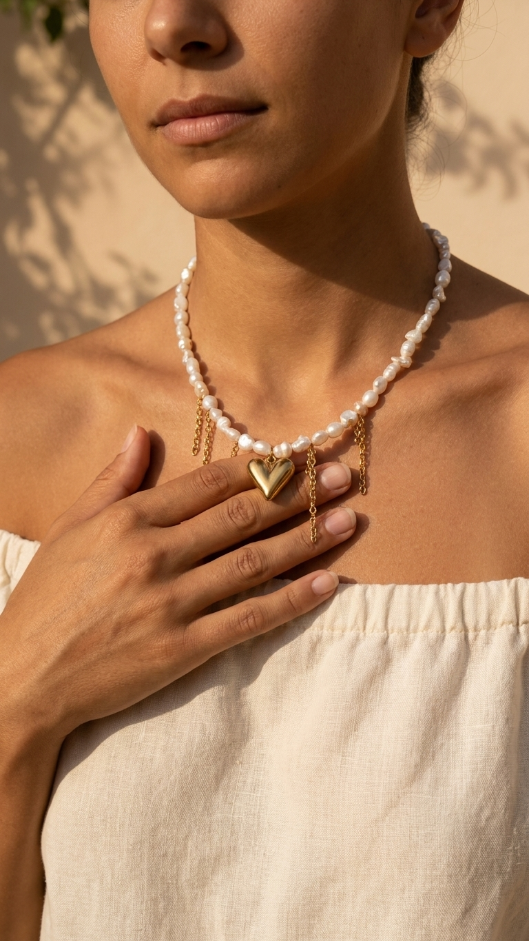 Collar AURA | Collar de Perlas Barrocas y corazón de acero