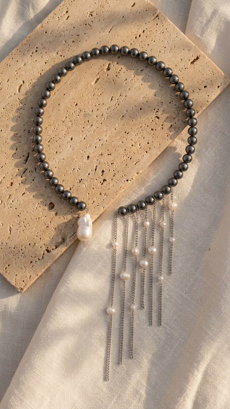 CHOKER MAREA · Hematita, perlas y acero