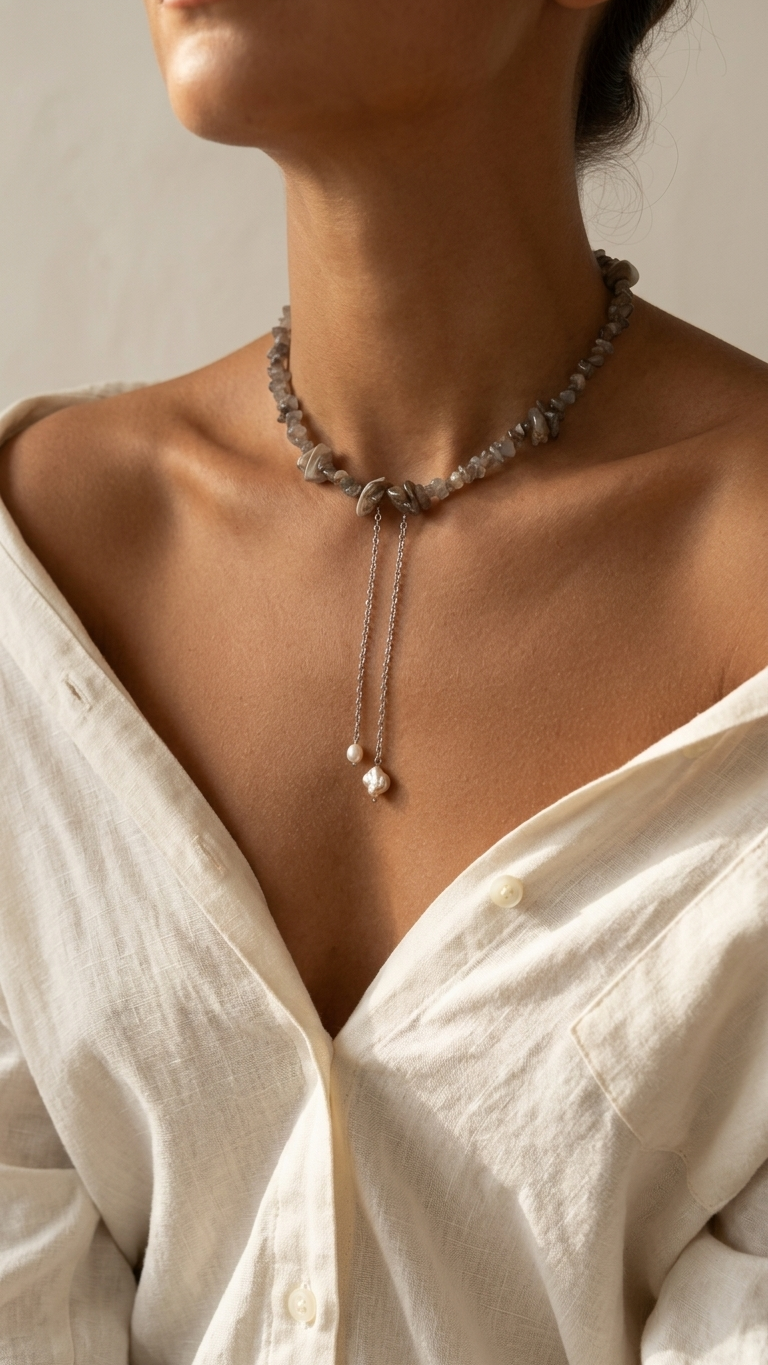 Choker REBEL · Piedra Luna Melocotón, Nácar