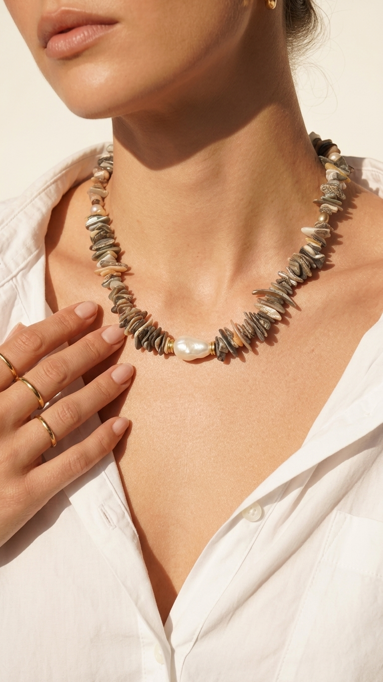 Collar SAVAGE · Concha Abulón en Bruto y Perla Barroca
