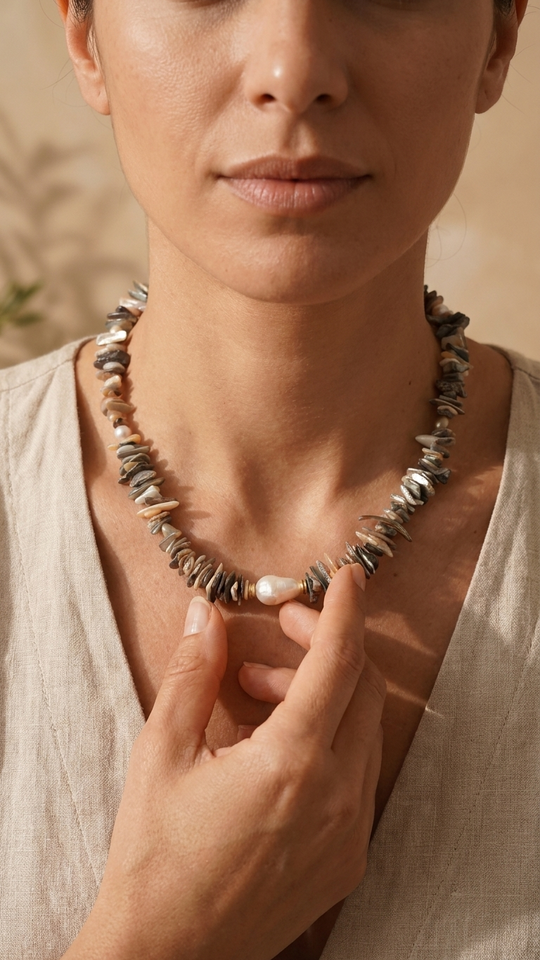 Collar SAVAGE · Concha Abulón en Bruto y Perla Barroca