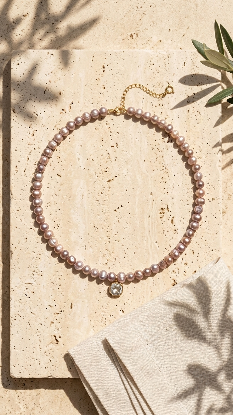 Gargantilla UMBRA · Perlas malva y acero dorado