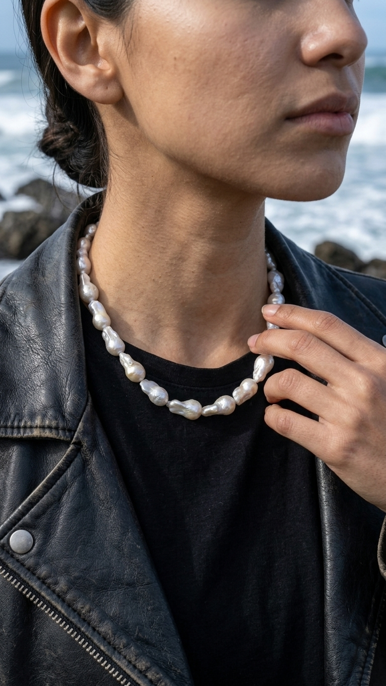 Collar SALITRE · Perlas barrocas y acero