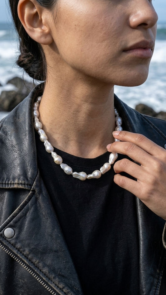 Collar SALITRE · Perlas barrocas y acero