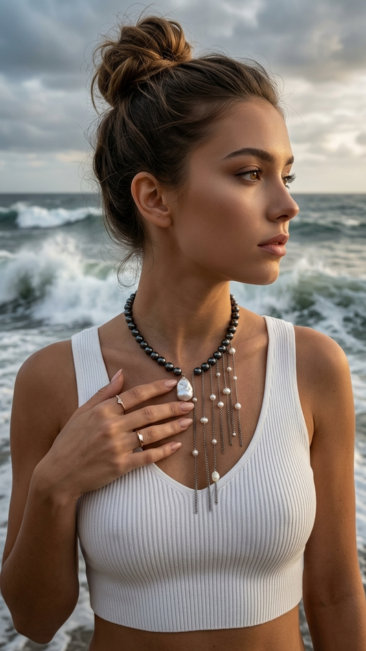 CHOKER MAREA · Hematita, perlas y acero