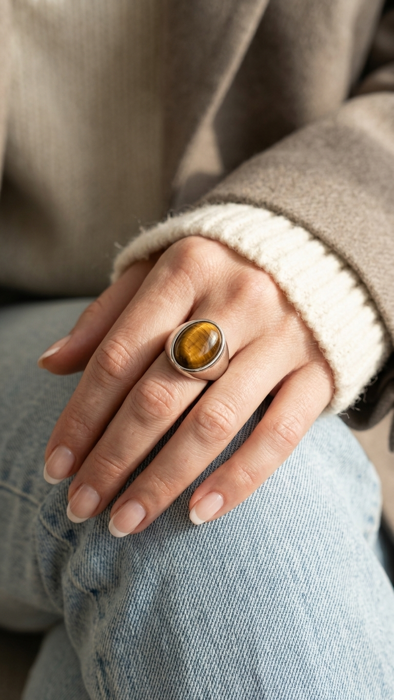 Anillo GALATEA  redondo · Ojo de Tigre y Acero