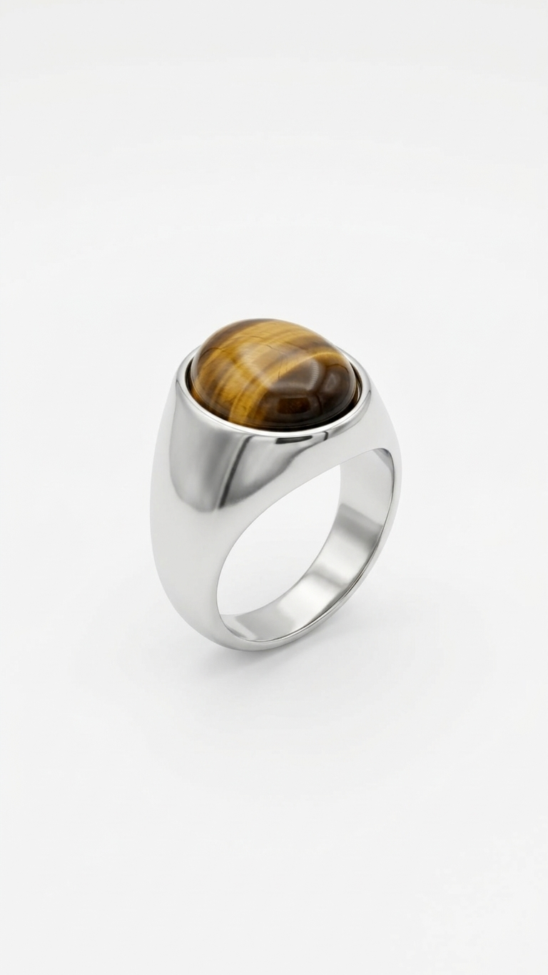 Anillo GALATEA  redondo · Ojo de Tigre y Acero