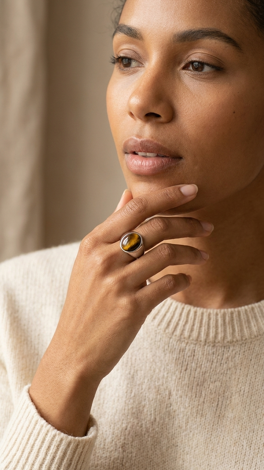 Anillo GALATEA  redondo · Ojo de Tigre y Acero