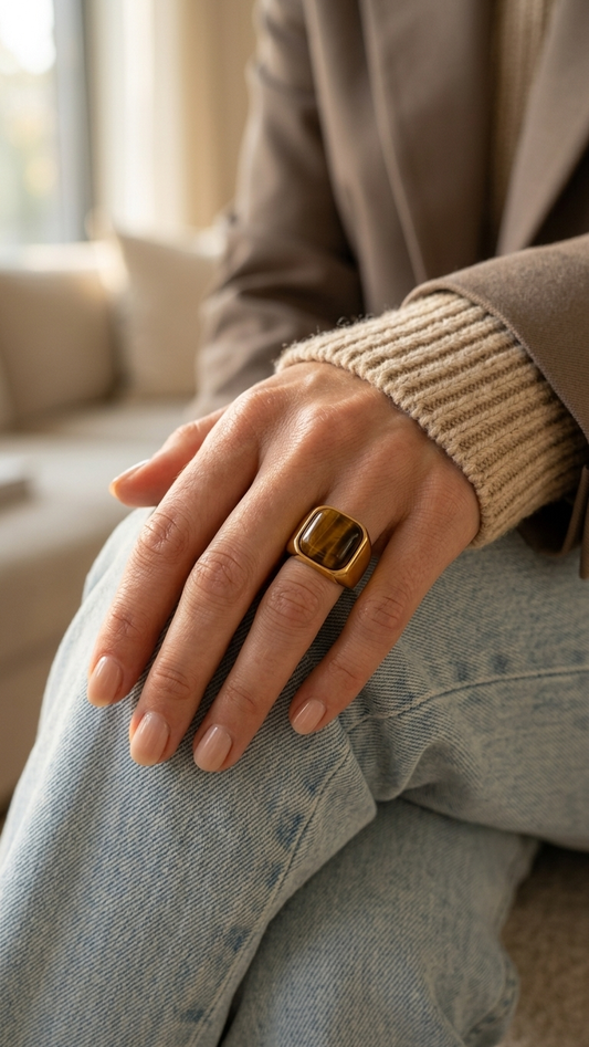 Anillo GALATEA cuadrado · Ojo de Tigre y Acero