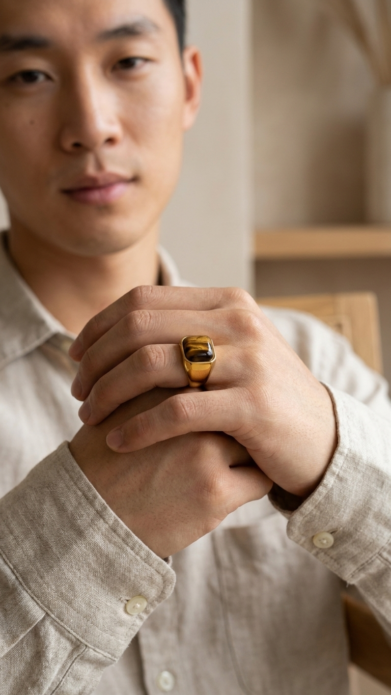 Anillo GALATEA · Ojo de Tigre y Acero
