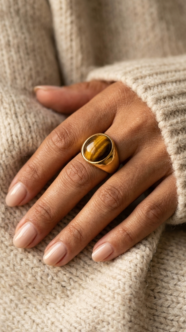 Anillo GALATEA  redondo · Ojo de Tigre y Acero