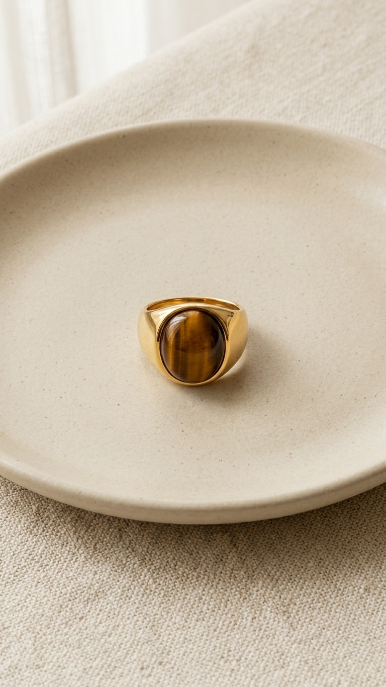 Anillo GALATEA  redondo · Ojo de Tigre y Acero