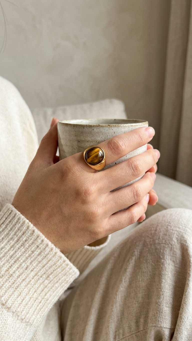 Anillo GALATEA  redondo · Ojo de Tigre y Acero