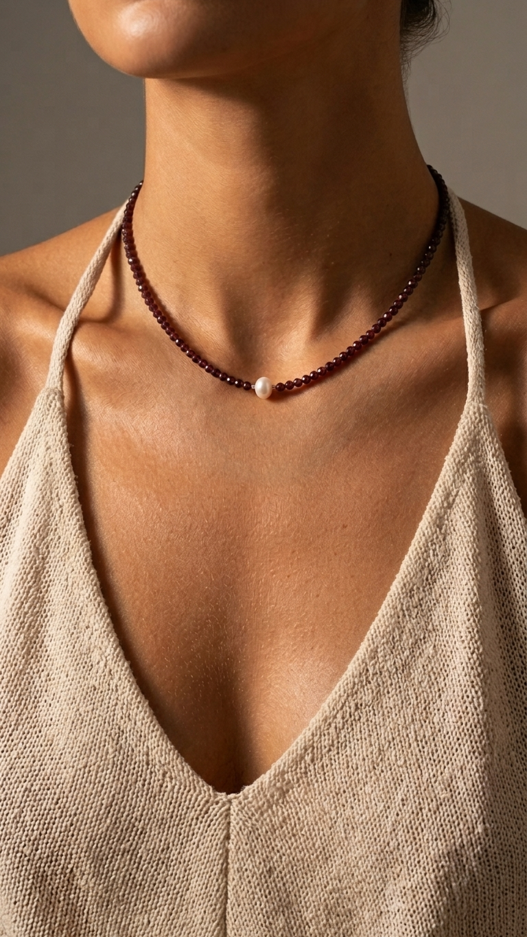 Collar RUBRA de Granate y Perla Rosada