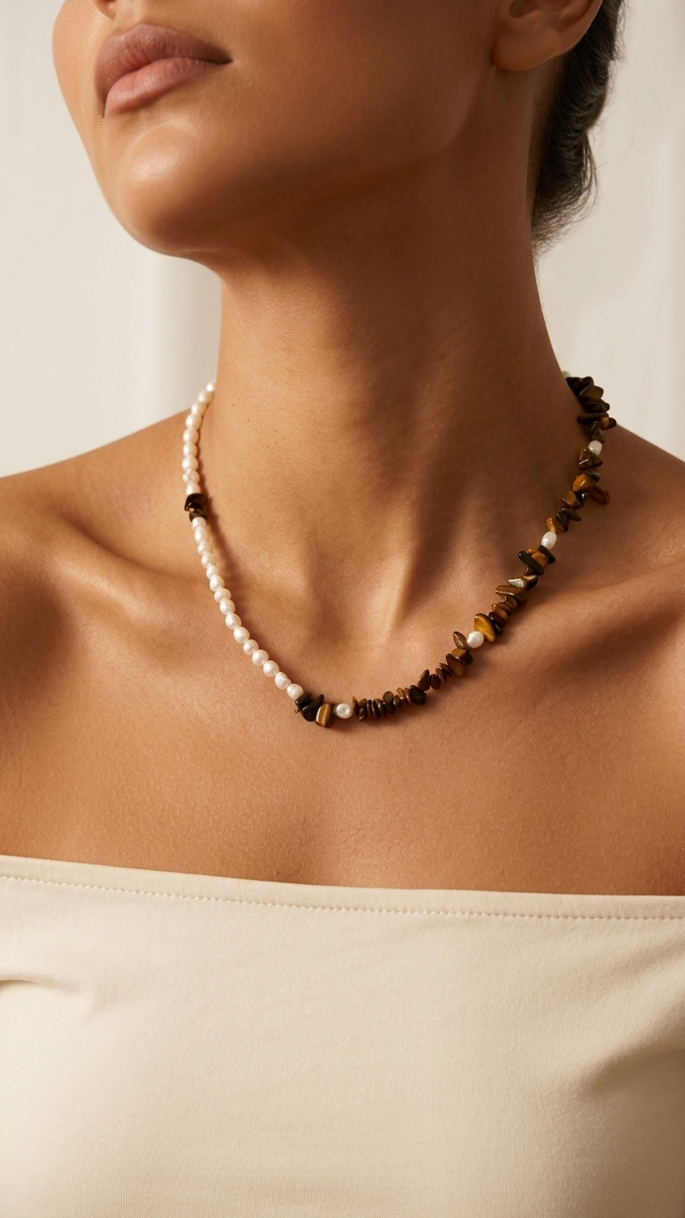 Collar EIRA  - Perla Barroca Mini y Ojo de Tigre Natural