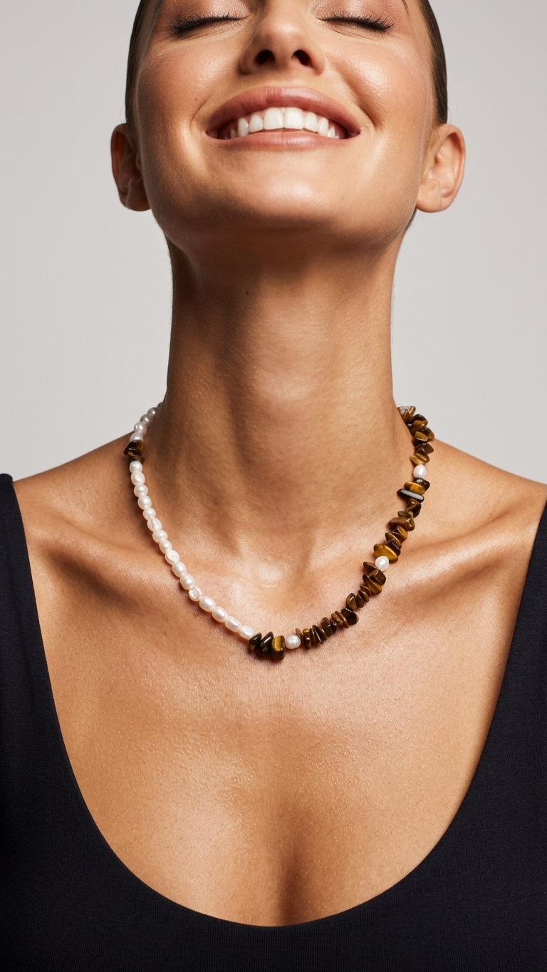 Collar EIRA  - Perla Barroca Mini y Ojo de Tigre Natural