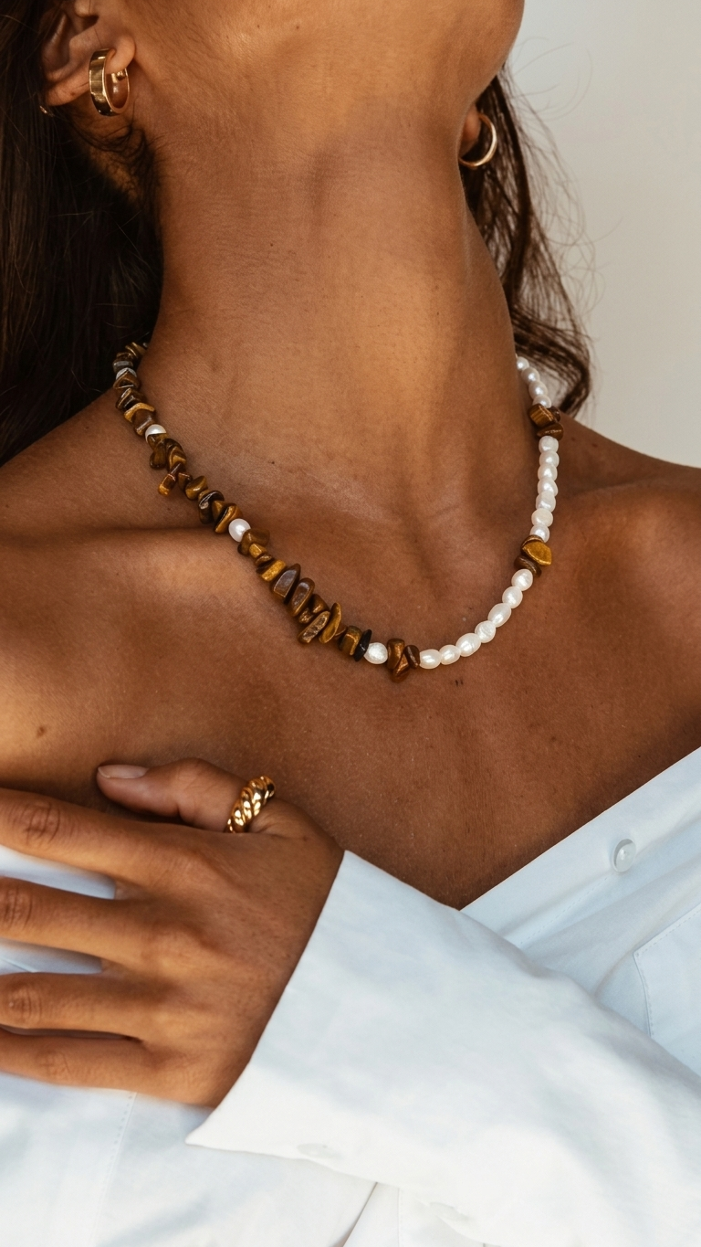 Collar NARA - Perla Barroca Mini y Ojo de Tigre Natural