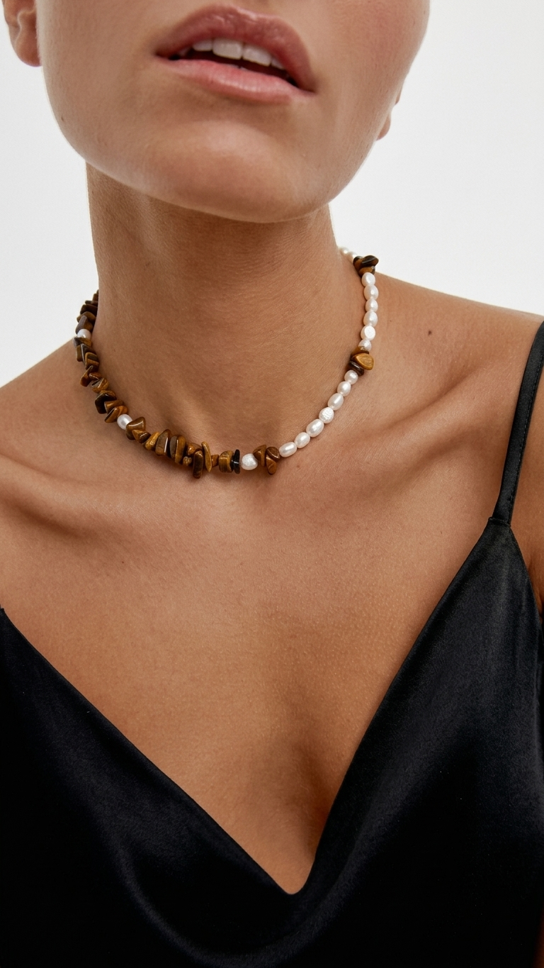 Collar NARA - Perla Barroca Mini y Ojo de Tigre Natural