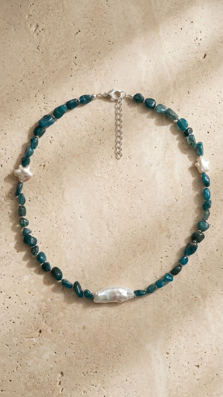 Collar ASTREA con Apatita Azul y Perla Barroca