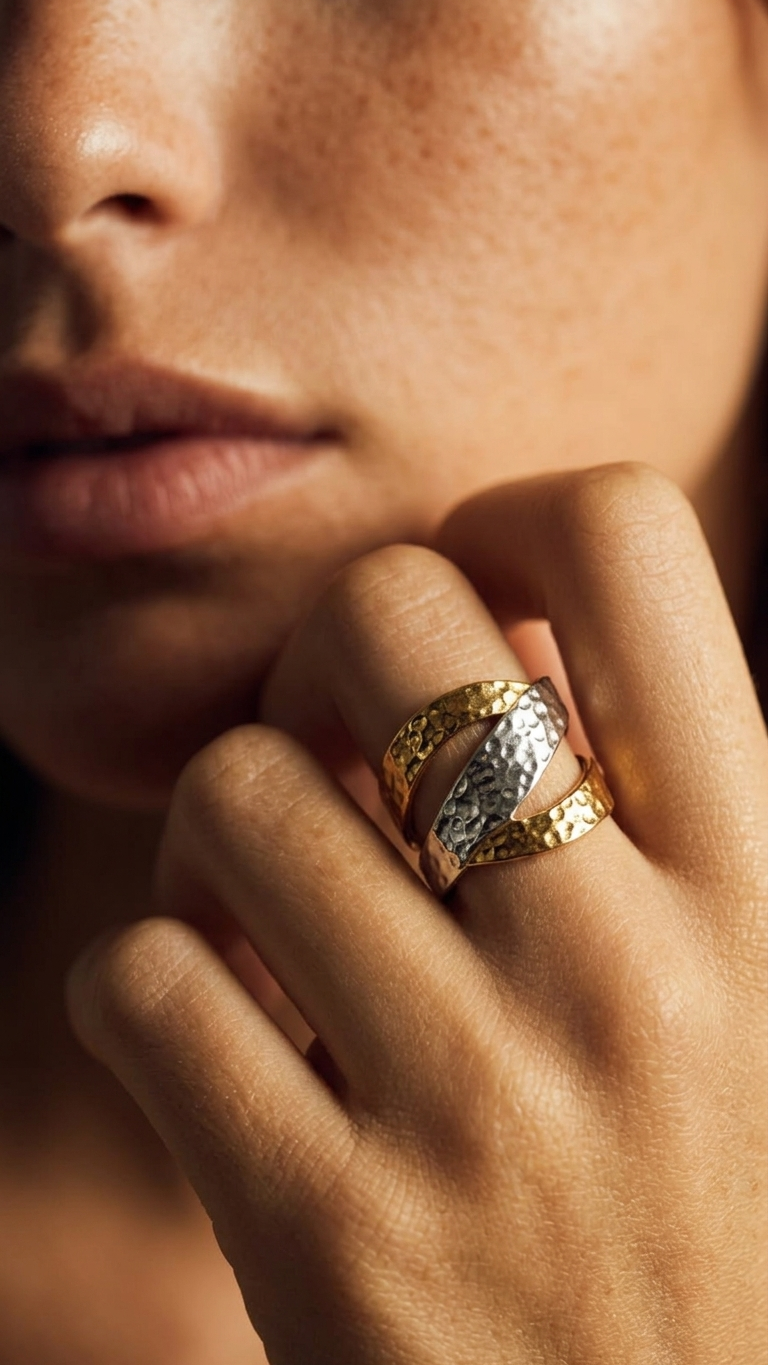 Anillo Croma Bicolor Martilleado en Acero y Oro PVD