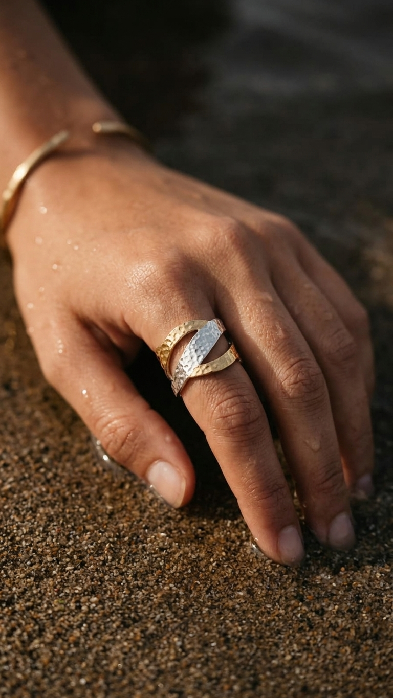 Anillo Croma Bicolor Martilleado en Acero y Oro PVD