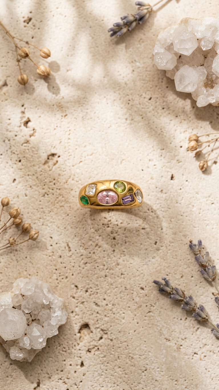Anillo SOLSTICIO — Multistone Acero Dorado PVD