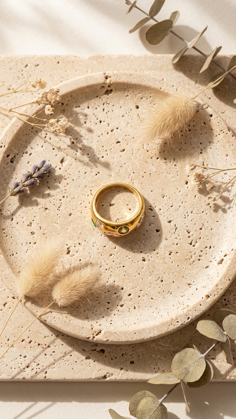Anillo SOLSTICIO — Multistone Acero Dorado PVD