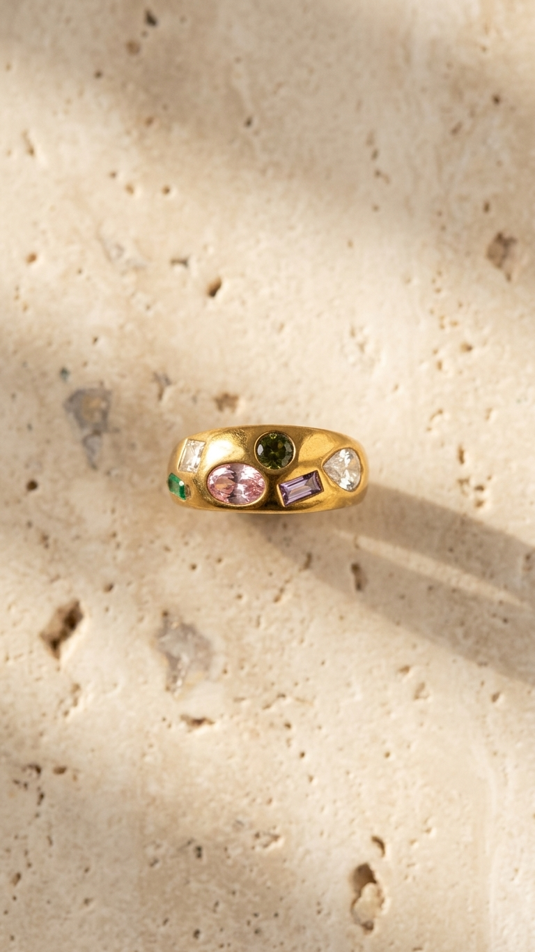 Anillo SOLSTICIO — Multistone Acero Dorado PVD