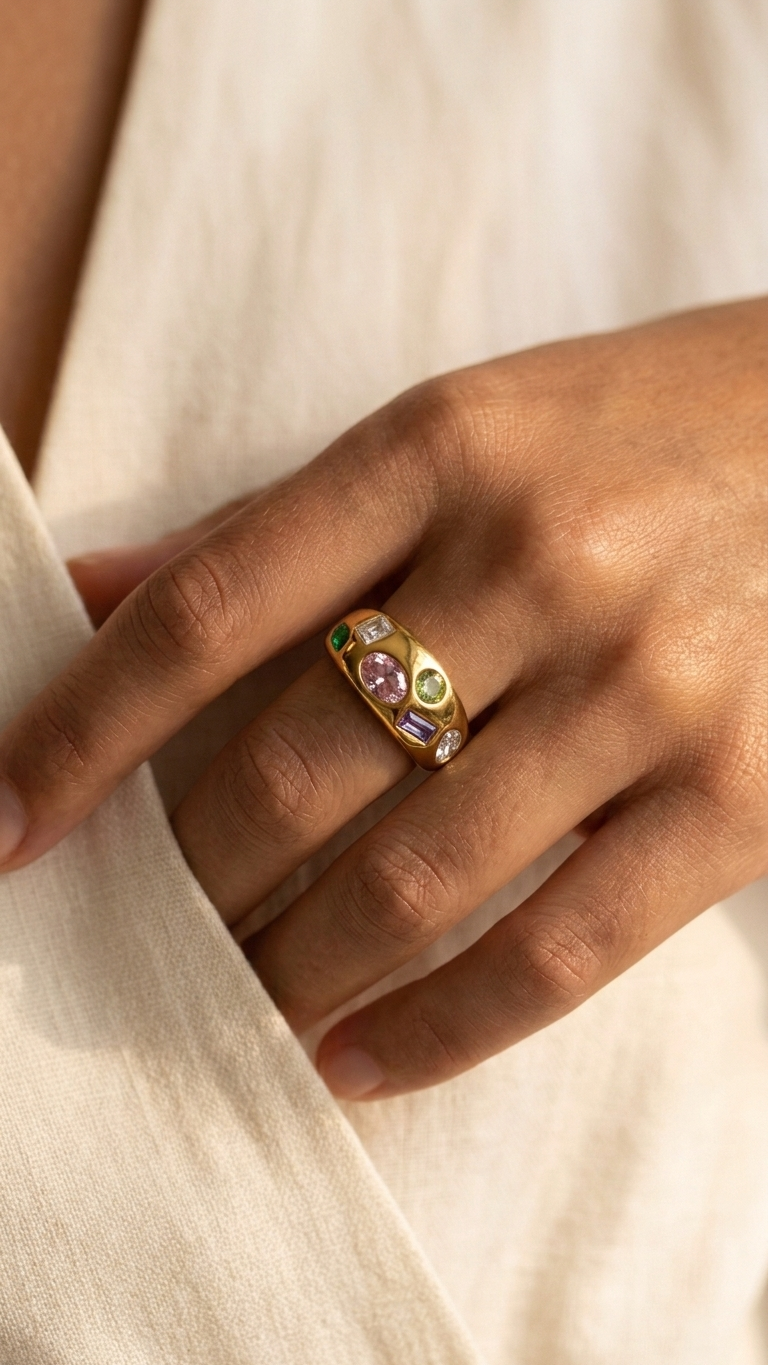 Anillo SOLSTICIO — Multistone Acero Dorado PVD