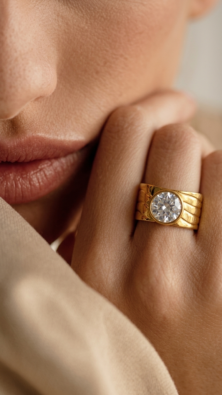 Anillo ASTRA de Acero Dorado con Circonita Grande