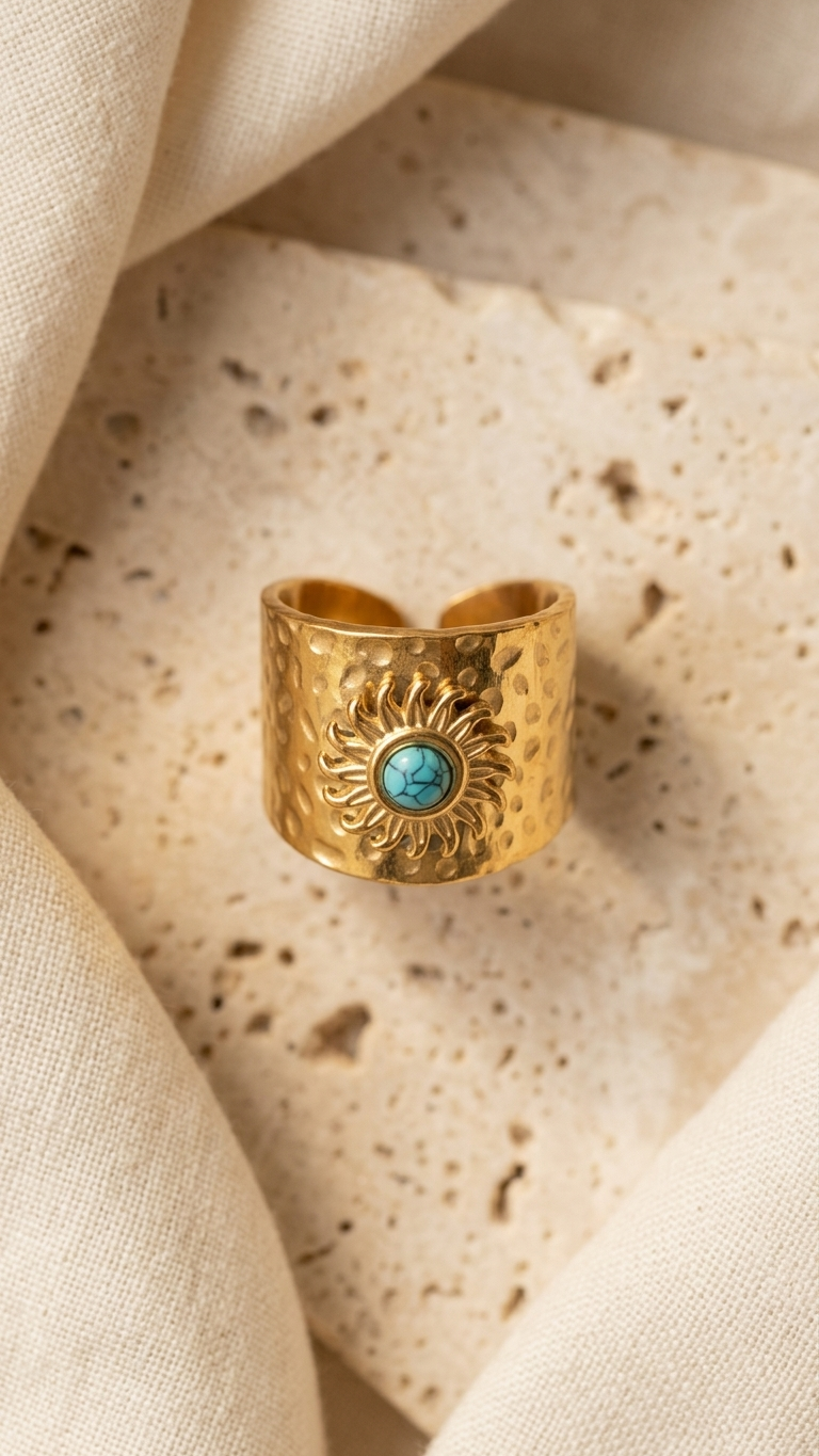 Anillo SURYA Ajustable en Acero Dorado e Imitación Turquesa