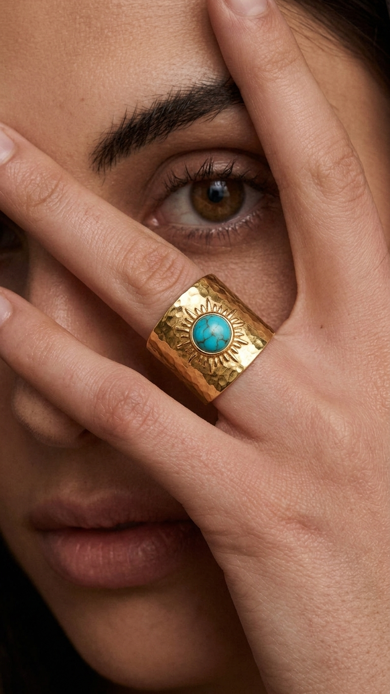 Anillo SURYA Ajustable en Acero Dorado e Imitación Turquesa
